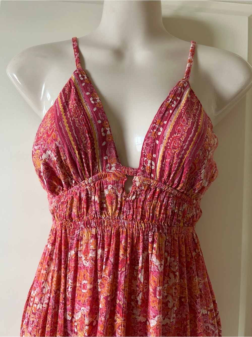 ANGIE Pink, Orange And Cream Tiered Maxi Dress With Tie-Back, Size M, EUC - Picture 2 of 7